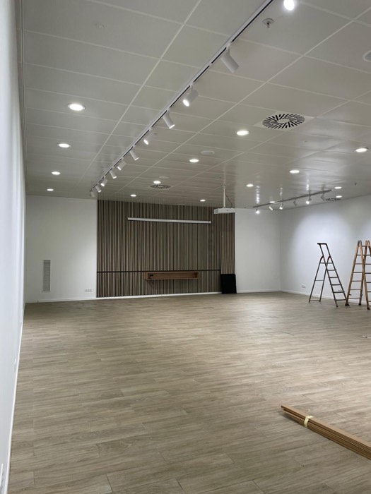 Sala reformada con panel de listones de madera - Reformas Marian Zaragoza